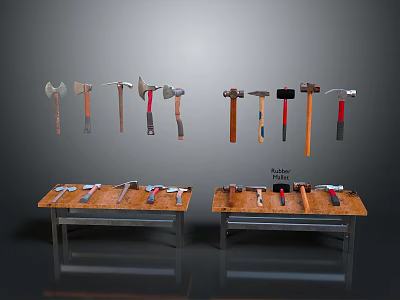 Workshop Equipment Display With Various Axes Hammers On Wooden Workbenches 3d model