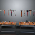 Workshop Equipment Display With Various Axes Hammers On Wooden Workbenches