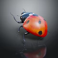 Shiny Red Ladybug With Black Spots Black Body And Legs On Dark Background With Reflection
