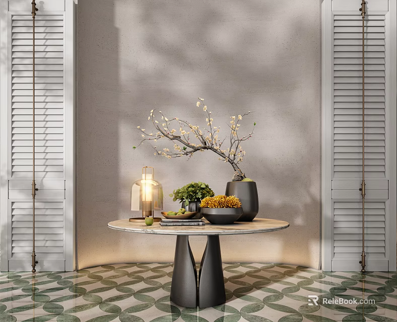 Decorative Ornament Set On Round Table With Branch Vase Lamp Green Plant And Shutter Background 3d model 