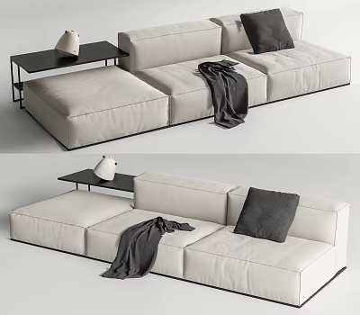 Beige Sectional Sofa Featuring Gray Pillow Blanket and Black Side Table with White Vase 3d model