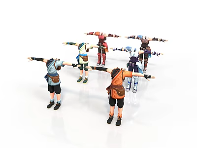 Colorful Toy Figures With Arms Outstretched In Various Outfits On White Backdrop 3d model
