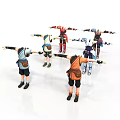 Colorful Toy Figures With Arms Outstretched In Various Outfits On White Backdrop