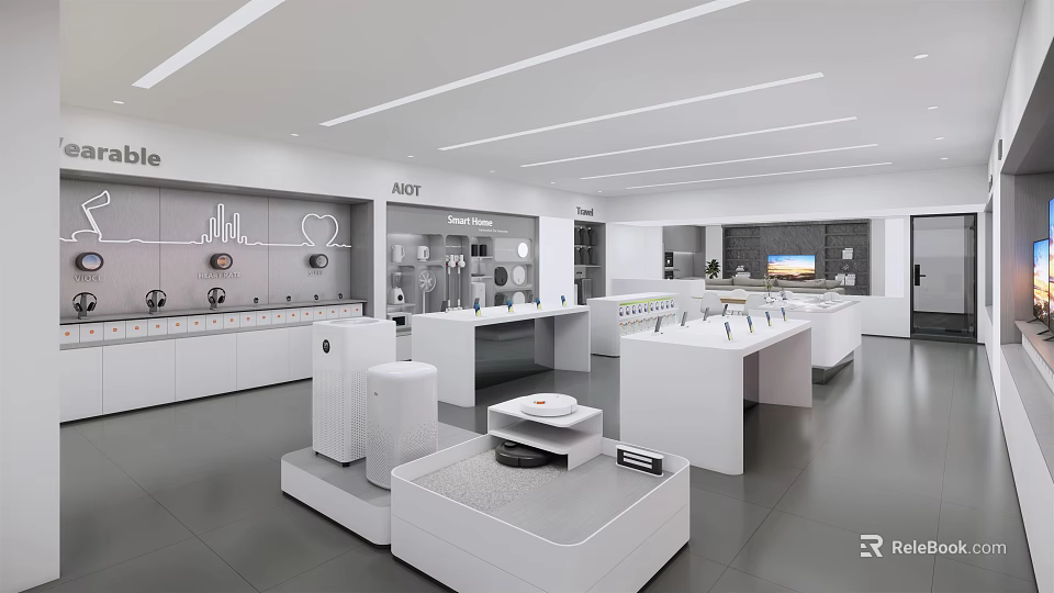 Bright Modern Digital Store Interior Featuring Display Counters Smartphones Laptops And Accessories 3d model 