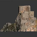 Wooden Stone Castle Model on Mountain Landscape With Green Vegetation Details