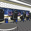 Hotel Guest Room With Gaming Chairs Multiple Monitors Hexagonal Wall And Geometric Floor Design