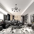 Modern Open Dining and Living Room Interior With Marble Floor Pendant Lights And Large Windows