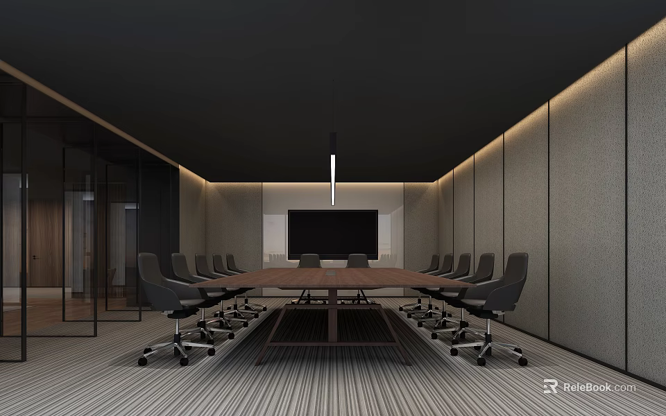 Modern Conference Room With Long Wooden Table Black Office Chairs Gray Walls Hanging Pendant Light 3d model 