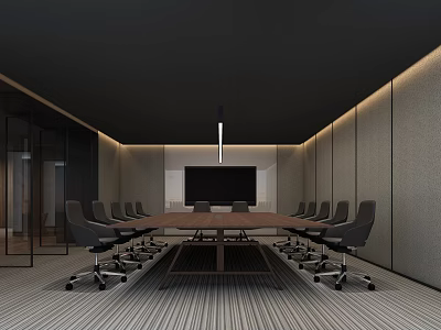 Modern Conference Room With Long Wooden Table Black Office Chairs Gray Walls Hanging Pendant Light 3d model