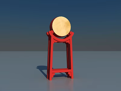 Traditional Circular Drum on Red Stand with Blue Background and Gray Floor 3d model