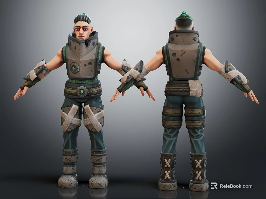 3D Character Model Front And Back View With Armored Vest Leg Guards And Arm Protectors 3d model 