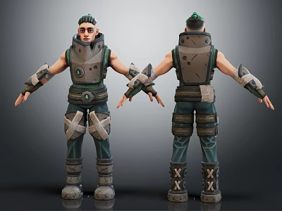 3D Character Model Front And Back View With Armored Vest Leg Guards And Arm Protectors 3d model