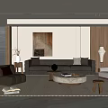 Modern Living Room Interior With Light Gray Sofa Wooden Armchair Rug And Decorative Art