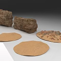 Various Terrain Models Including Rocky Textured Blocks And Circular Ground Samples