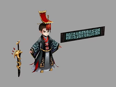 Man In Traditional Ancient Costume With Red Decorated Hat Holding Sword And Inscribed Rectangular Board 3d model