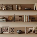 Decorative Ornament Combination On Wooden Shelves With Elephant Sculpture Vases Photo Frames And Books