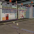 Cartoon Style Industrial Workshop Scene With Concrete Floor Metal Railings And Red Pendant Lights