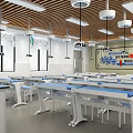 Modern Laboratory With Blue Workbenches Stools And Bright Ceiling Lights 3d model