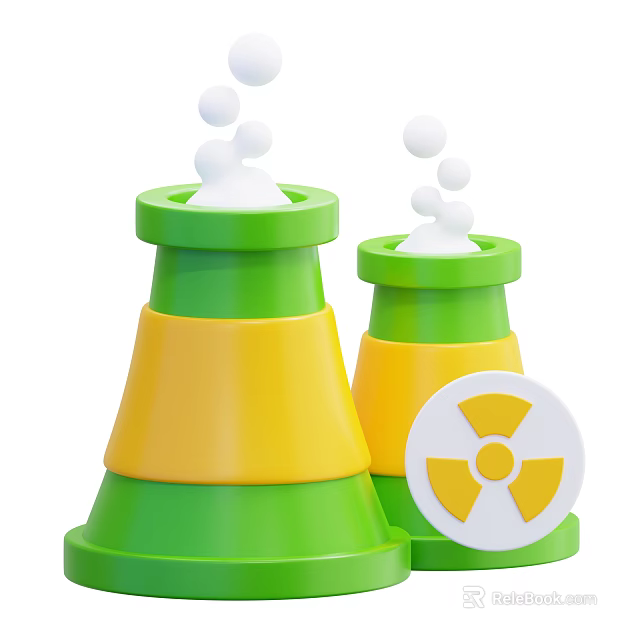 Industrial Plant With Green Yellow Chimneys White Bubbles And Radioactive Symbol 3d model 