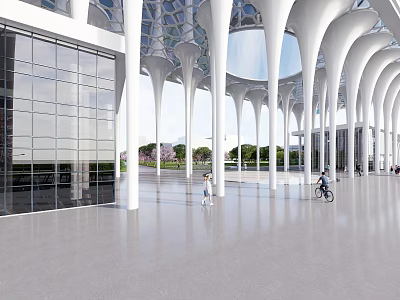 Modern Reception Desk In Spacious Lobby With Glass Walls And Marble Counter Design 3d model