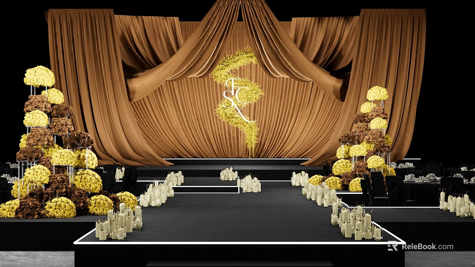 Elegant Floral Installation With Golden Curtains Central Yellow Design And Stage Candle Arrangements 3d model 