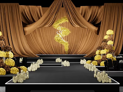 Elegant Floral Installation With Golden Curtains Central Yellow Design And Stage Candle Arrangements 3d model