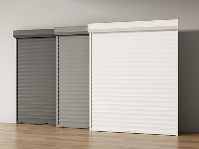 Different Colored Roller Shutters With Slatted Design On Wooden Floor And White Wall 3d model