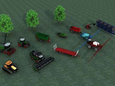 Various Types of Functional Vehicles Including Tractors Harvesters And Transport Trailers 3d model