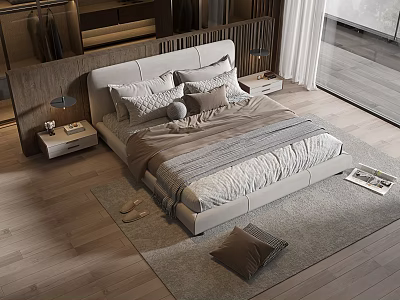 Modern Double Bed Bedroom Interior With Gray Bedding Nightstand And Wooden Floor 3d model