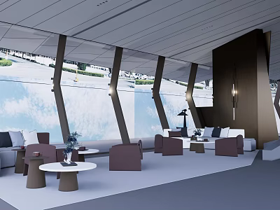 Modern Hotel Lobby Interior With Large Windows Comfortable Sofas And Coffee Tables 3d model