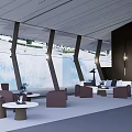 Modern Hotel Lobby Interior With Large Windows Comfortable Sofas And Coffee Tables 3d model