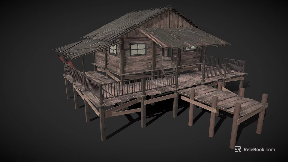 Rustic Elevated Wooden House With Wooden Deck Railings Windows And Roof 3d model 