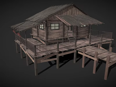 Rustic Elevated Wooden House With Wooden Deck Railings Windows And Roof 3d model