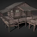Rustic Elevated Wooden House With Wooden Deck Railings Windows And Roof