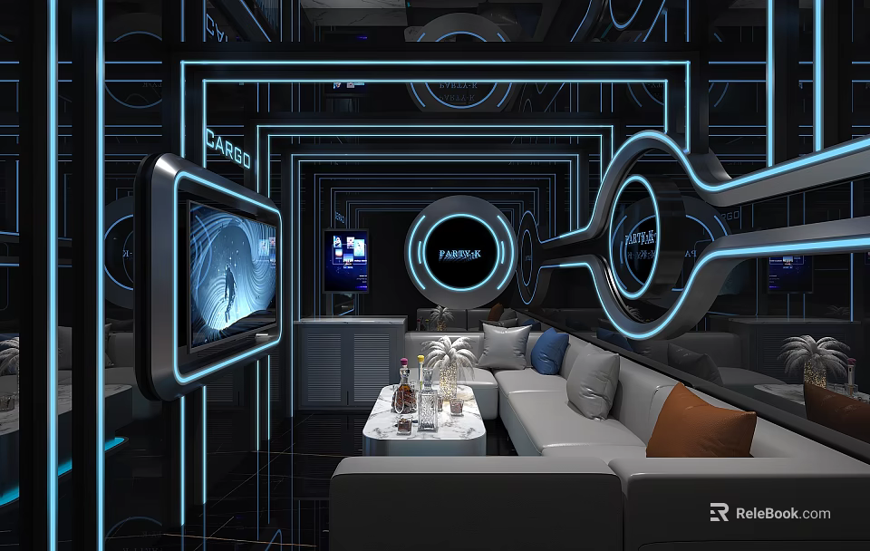Modern Hi Tech KTV Lounge Interior With Neon Lights Sofa TV And Circular Light Strips 3d model 