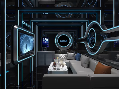 Modern Hi Tech KTV Lounge Interior With Neon Lights Sofa TV And Circular Light Strips 3d model