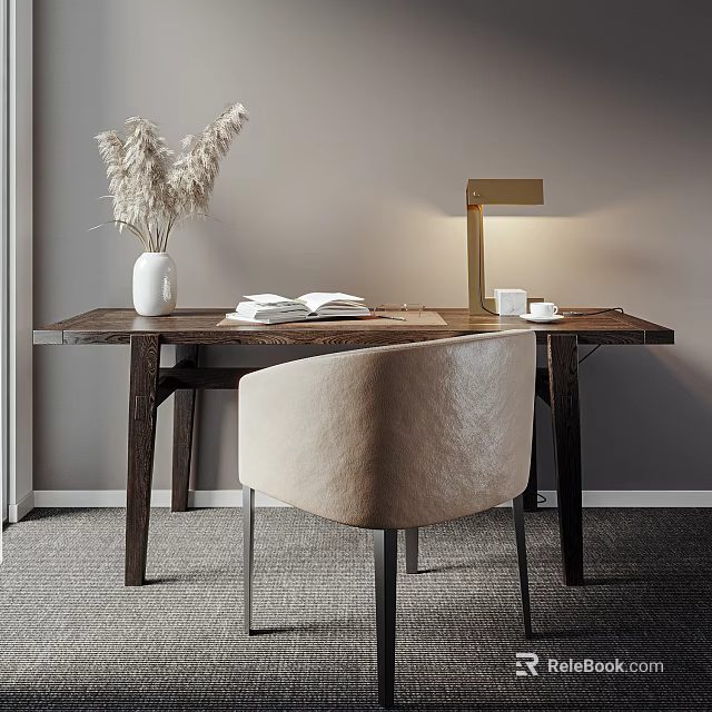 Modern Wooden Desk With Beige Chair Open Book Gold Lamp And White Vase 3d model 