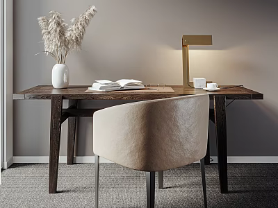 Modern Wooden Desk With Beige Chair Open Book Gold Lamp And White Vase 3d model