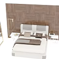 Modern Double Bed With Upholstered Headboard Wooden Wall And Nightstand In Bedroom