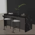 Modern Black Marble Bar Counter With White Cushioned Bar Stools And Green Plant