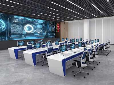High Tech Modern Control Room Interior With Workstations And Monitors 3d model