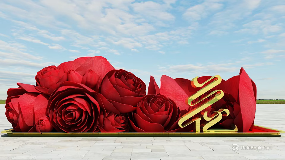 Red Roses And Golden 3D Character Flower With Blue Sky White Clouds Stone Slab Ground 3d model 