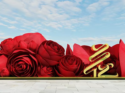 Red Roses And Golden 3D Character Flower With Blue Sky White Clouds Stone Slab Ground 3d model