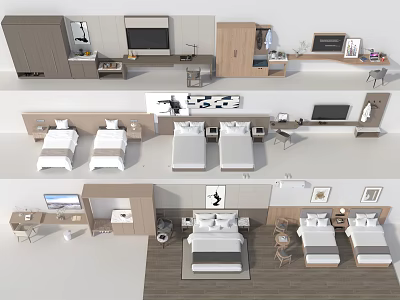 Comfortable Modern Hotel Room Interior Design With Double Bed Wooden Furniture And TV 3d model