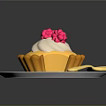 Delicious Yellow Pie With White Cream Pink Raspberries On White Plate And Golden Spoon