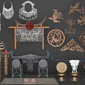 Traditional Ornament Decoration Set With Carved Bull Figurine Metal Necklace And Patterned Plaques