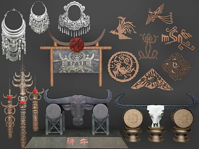 Traditional Ornament Decoration Set With Carved Bull Figurine Metal Necklace And Patterned Plaques 3d model