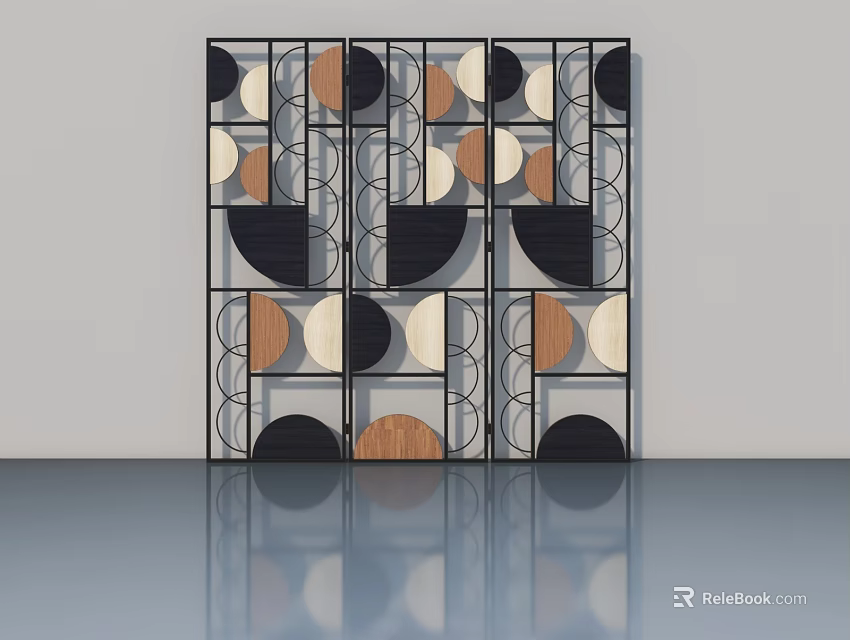 Modern Hinged Door With Geometric Circular Patterns Wooden Panels And Black Frame 3d model