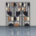 Modern Hinged Door With Geometric Circular Patterns Wooden Panels And Black Frame 3d model
