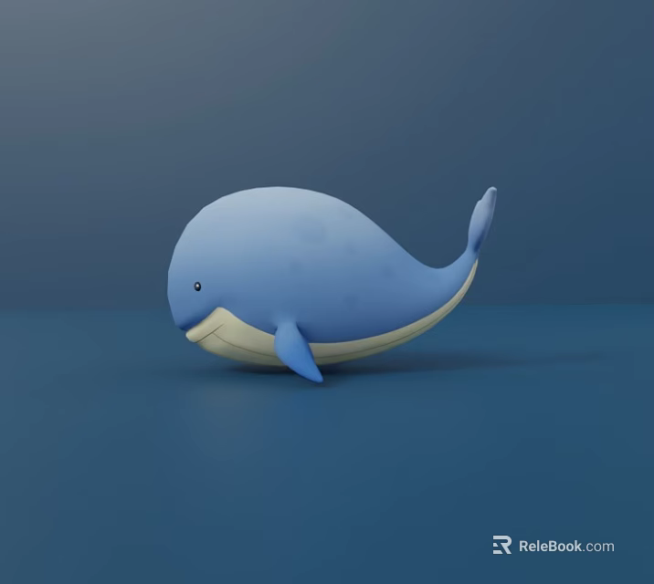 Cute Light Blue Whale Stuffed Doll with Cream Belly on Deep Blue Background Surface 3d model 